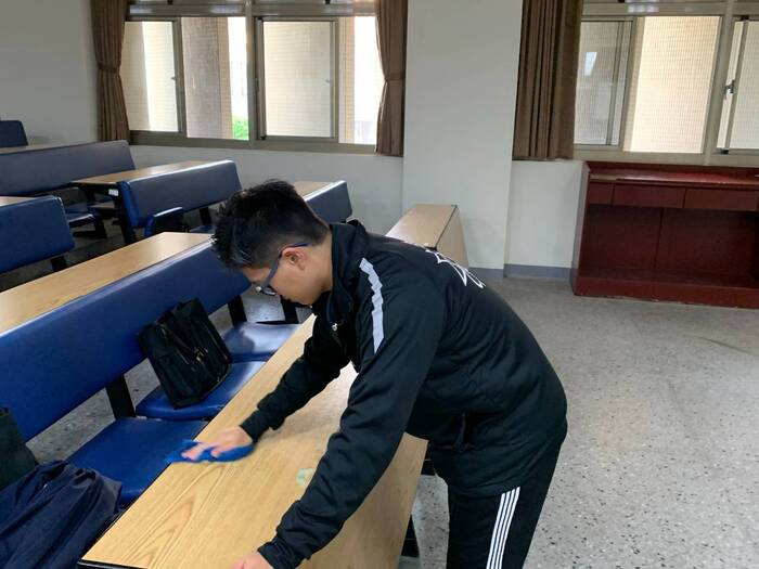 During morning cleaning time, cleaning and sterilize specially classrooms and  stadiums.